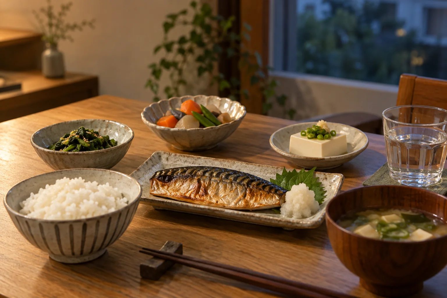 魚・ご飯・野菜・豆腐を組み合わせた食事のイメージ