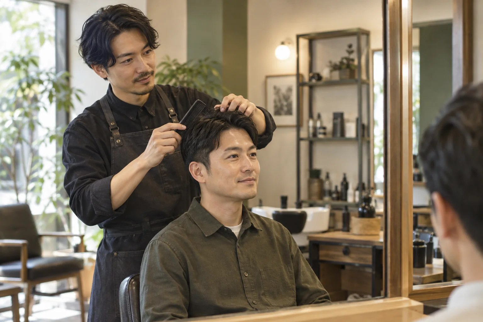 理容師が髪型とボリュームの見え方を相談するイメージ