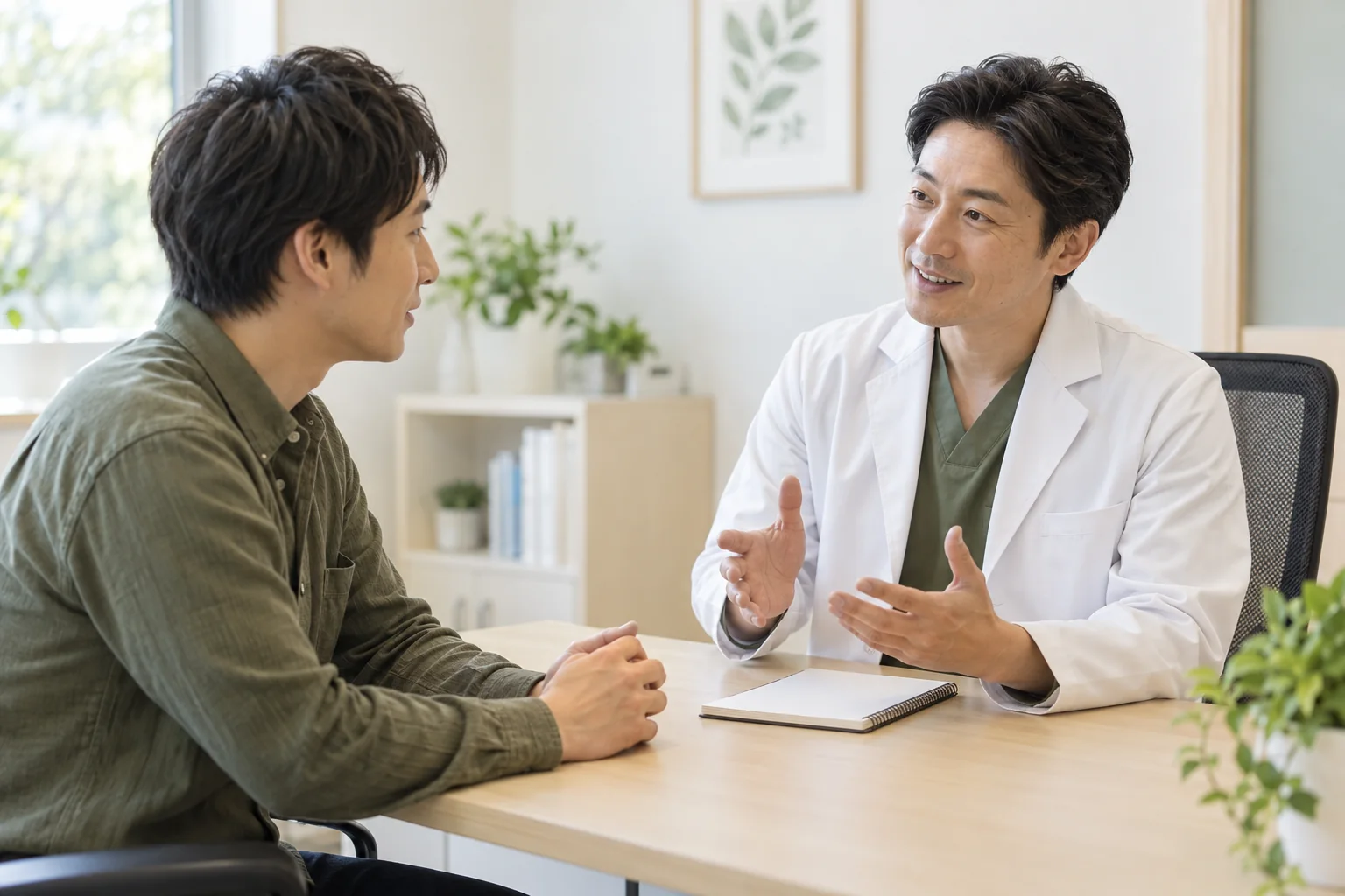 皮膚科で抜け毛の悩みを医師に相談する男性のイメージ