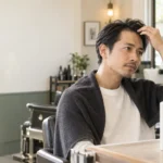 鏡でM字の生え際を確認する男性とシャンプーボトルのイメージ
