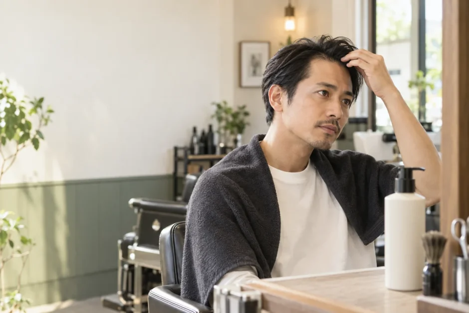 鏡でM字の生え際を確認する男性とシャンプーボトルのイメージ