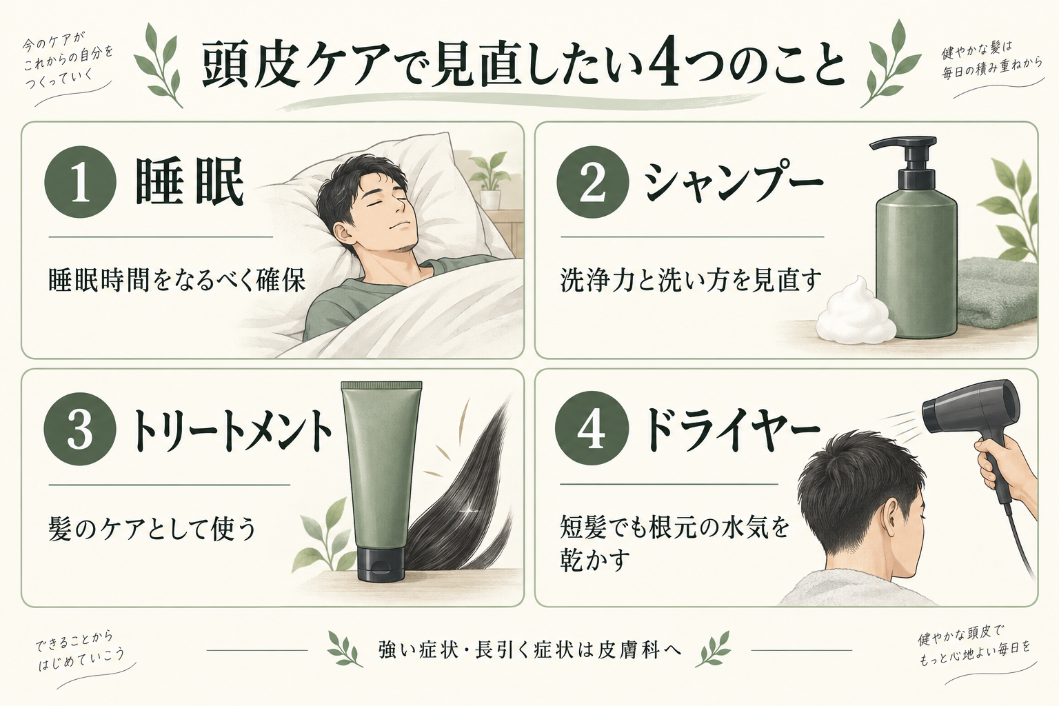睡眠時間の確保、シャンプーの洗浄力と洗い方、髪へのトリートメント、短髪でも根元を乾かす習慣を示した図解。強い症状や長引く症状は皮膚科へ。