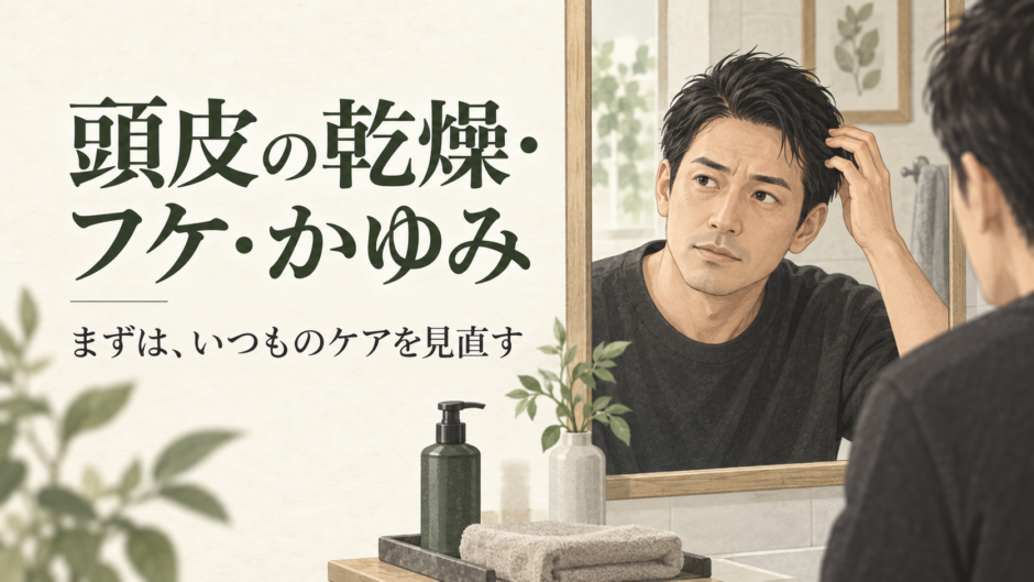 鏡で髪と頭皮の様子を確認する男性と「頭皮の乾燥・フケ・かゆみ　まずは、いつものケアを見直す」の文字。