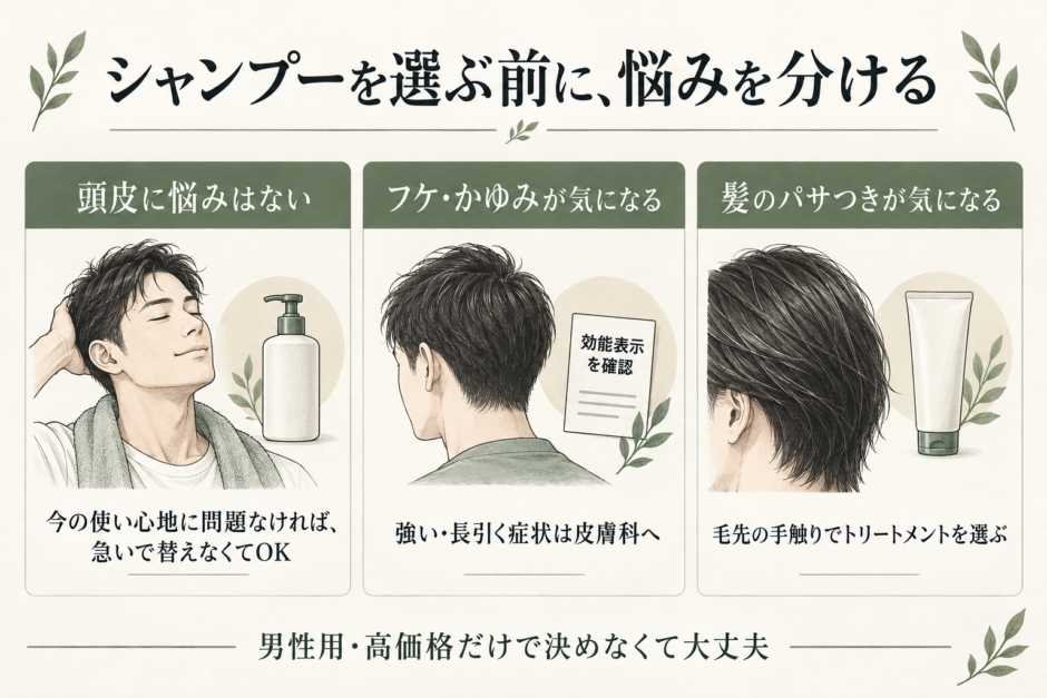 頭皮と髪、困りごとの有無でシャンプー選びのポイントを分けた図